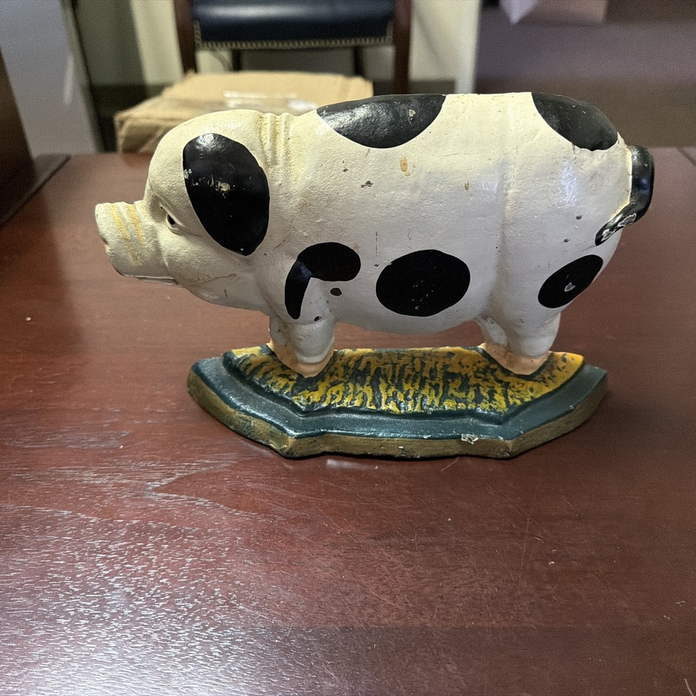Vintage Cast Iron Pig Hog Doorstop Country Farmhouse Decor Black White Spotted